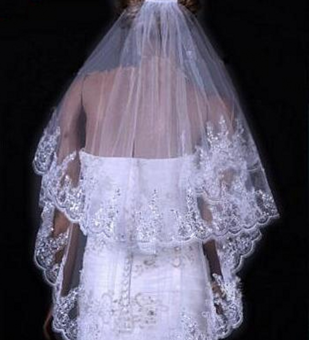 Bridal Sequined Veil 2 layers Lace Edge with Combed Veil White Ivory Wedding Veils Tulle Velos De Novia Bridal Hair Accessories Cheap