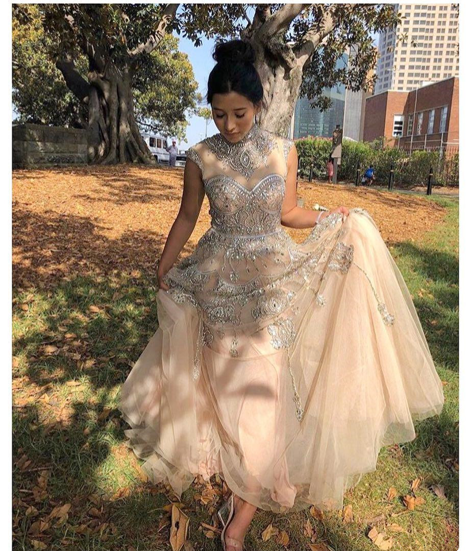 champagne beaded crystals prom dresses high neck a line evening dresses formal gowns vestidos de fiesta