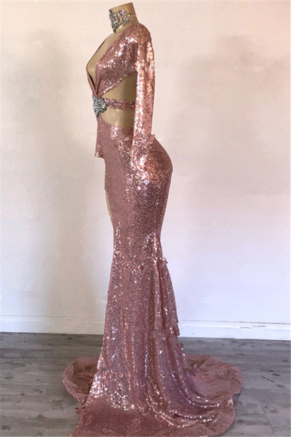 Rose Gold Sequins Long Sleeve Evening Dresses 2020 Sexy V-neck High Slit Sparkly Mermaid Occasion Prom Dress Wear Vestidos