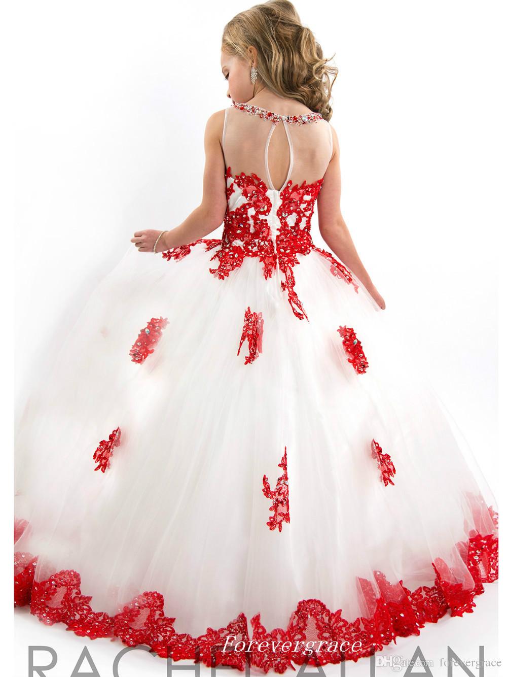 2019 Cute White and Red Girl's Pageant Dresses High Quality Tulle Applique Floor-Length Long Special Occasion Dress Flower Girls Dress
