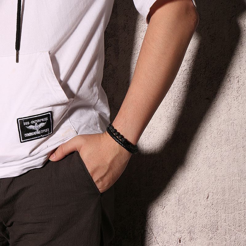 Black Braided Microfiber Leather Charm Bracelet Natural Lava Stone Beaded Bracelet Men Health Magnet Buckle Jewelry7441242