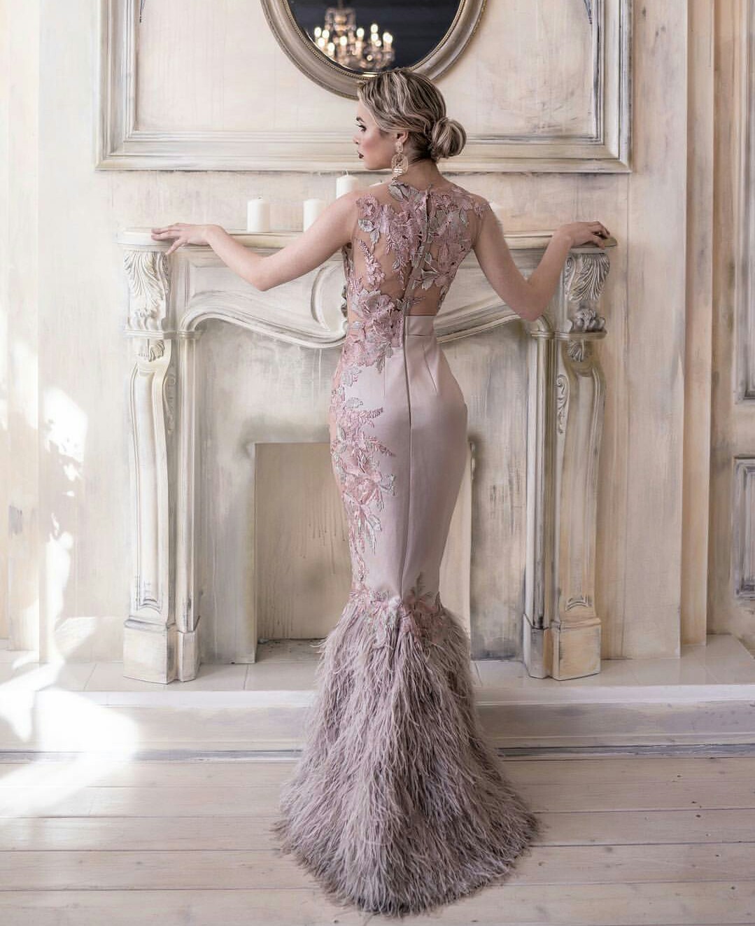 Mermaid Evening Dresses Zuhair Murad Jewel Neck Tullle Lace Appliques Prom Dress Feather Cocktail Party Gowns Vestidos De Novia