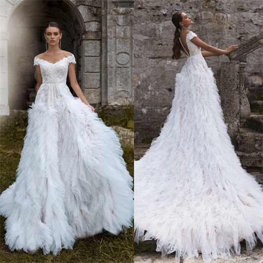 gorgeous a line wedding dresses off the shoulder backless tiered skirts appliqued court train custom made bridal gowns