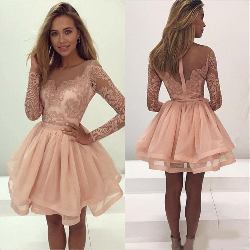 New Coral Homecoming Cocktail Dresses Jewel Neck Long Sleeves Peach Lace Appliques Beaded Prom Dresses Party Dress Plus Size Gowns