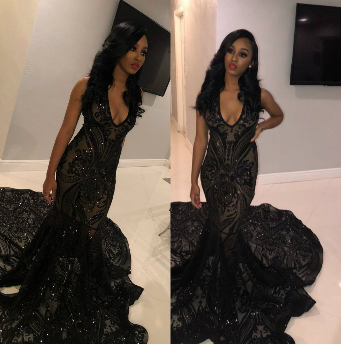 Sexy Black Sequined Mermaid Prom Dresses V Neck Sleeveless Evening Gowns Sweep Train African Luxury Pageant Party Gowns Custom