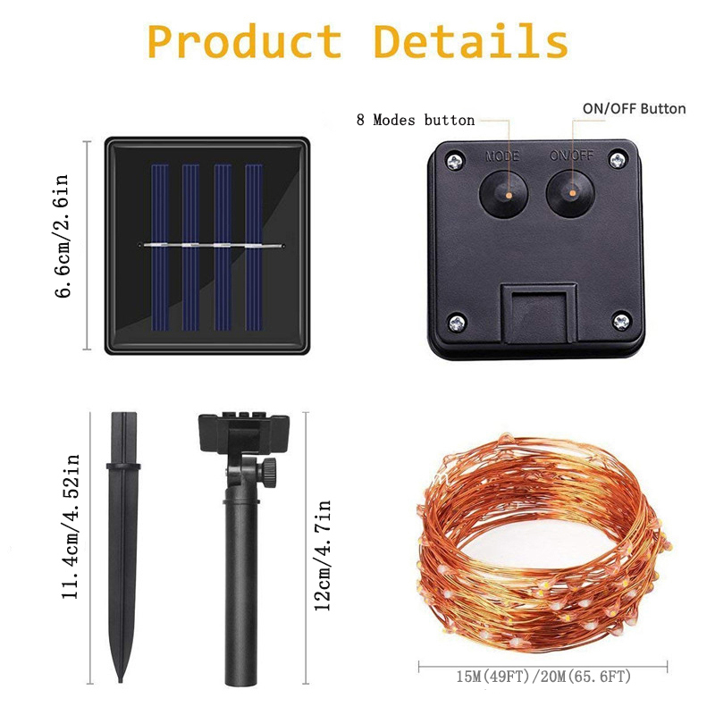 Solar String Lights Outdoor LED Fairy Copper Wire Lights 150/200LEDs RGB 8 Modes Twinkle Lighting for Home Xmas Holiday Party