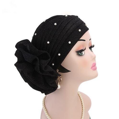 Women Beaded Glitter Turban Big Flowers Headband Wedding Party Head Scarf Hair Lose Cap Head Wraps Hair Accessories GB588