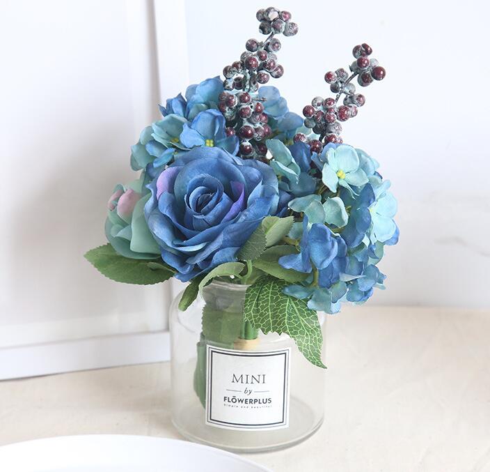 Blue artificial rose bouquet wedding creative decorations diameter about 21cm include rose, hydrangea and berries free shipping WT037