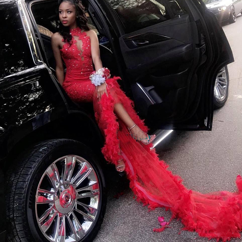 Red Mermaid Prom Dresses Feathers Evening Dress Party Pageant Gowns Dubai Special Occasion Dress Black Girl Couple Day
