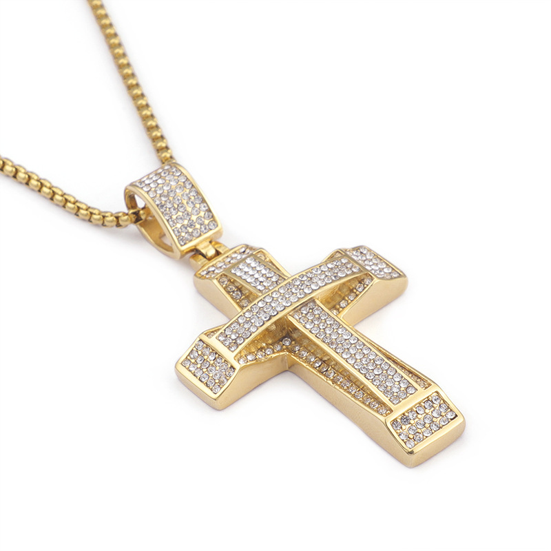 Double Layers Cross Pendants Necklace Men Hip Hop 316L Stainless Steel Full Cubic Zirconia Setting 18K Gold Plated Jewelry