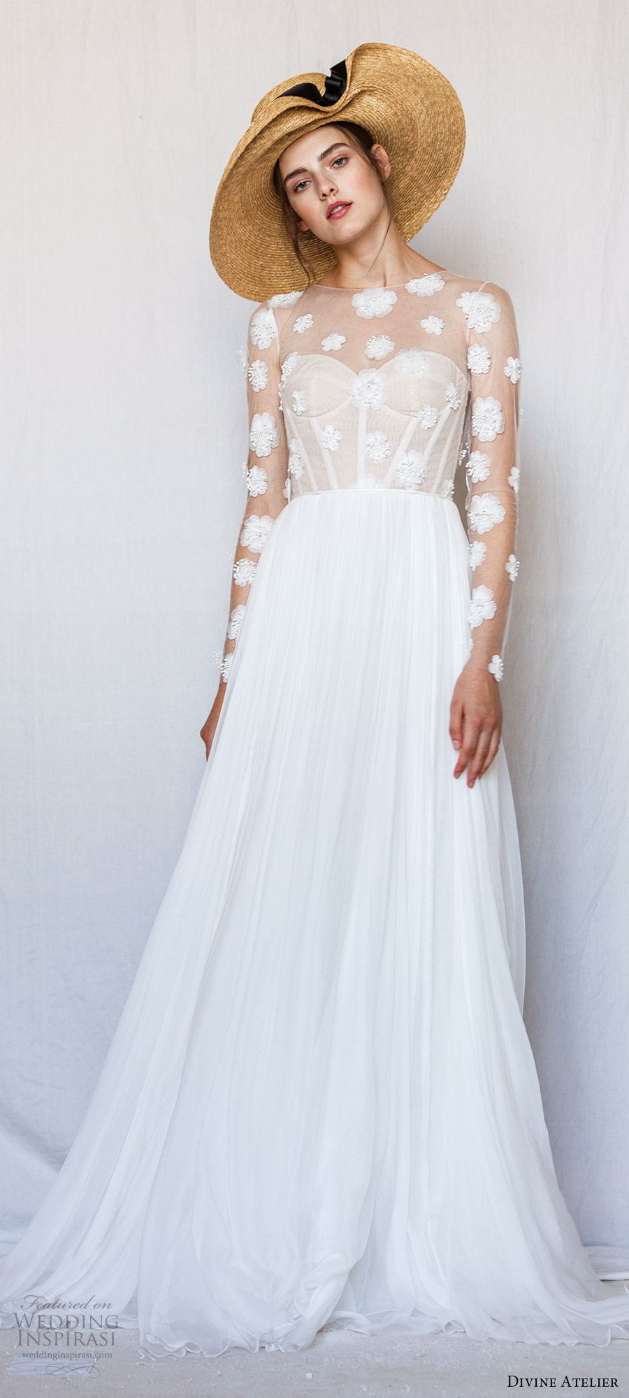 divine atelier long sleeve wedding dresses illusion bodice flower lace chiffon bridal gowns plus size beach bohemia robe de marie