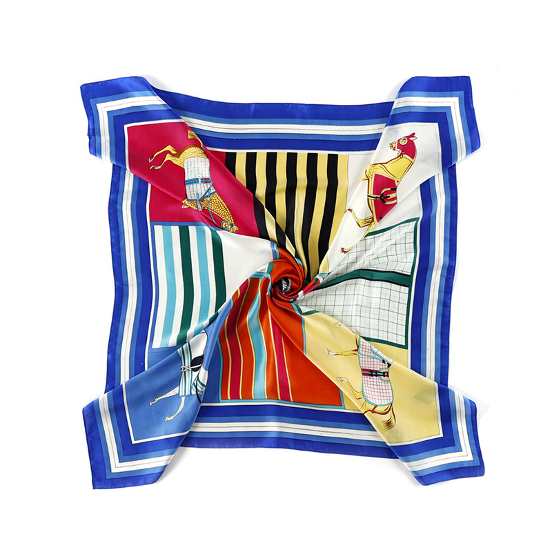 Square Scarves Spain Echarpes Foulards Femme Silk Scarf Women Horse Plaid Print Manual Hand Wrap Bandana Small Hijab 90