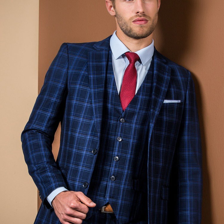 Blue Glen Plaid Mens Suit Handsome 3 Pieces Groom Wear For Wedding Peaked Lapel Best Men Formal Prom Party Tuxedos
