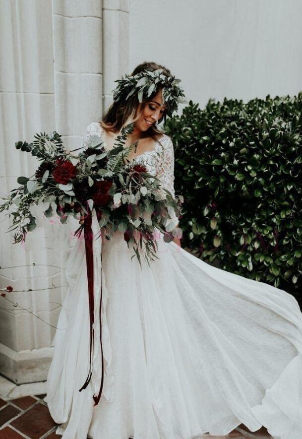 2020 Bohemian Two Pieces Wedding Dresses 3 4 Long Sleeve V Neck Sweep Train Lace Top Chiffon Beach Garden Country Boho Bridal Gowns