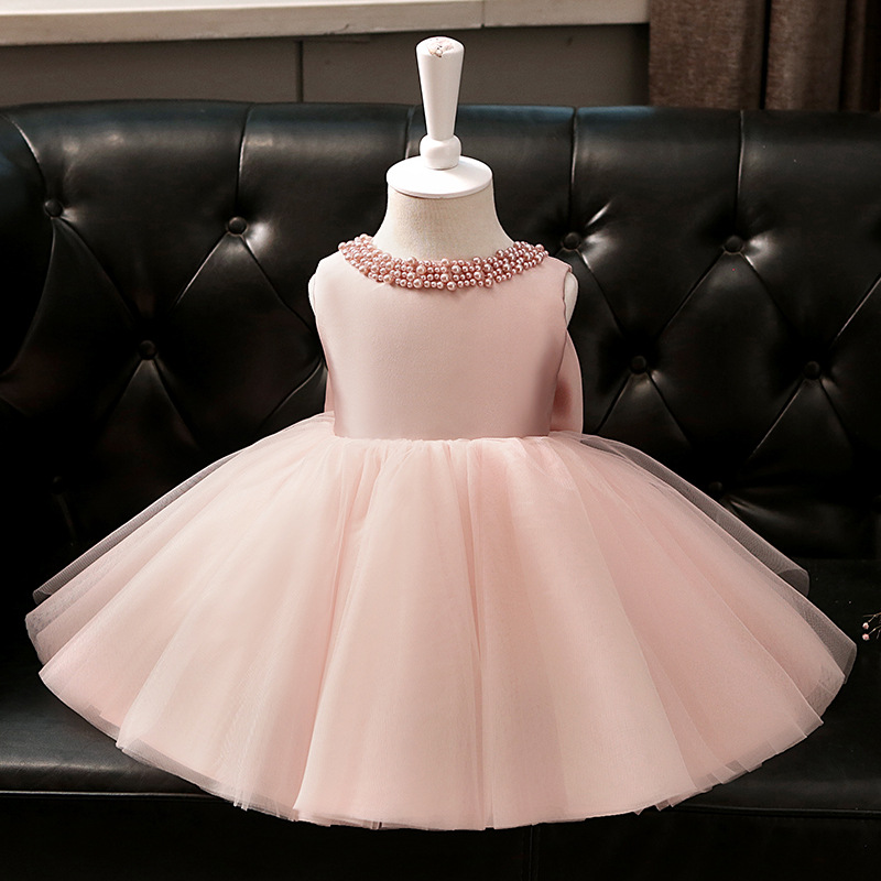 2019 Cute pink beaded Blue Girls Pageant Dresses Children Big Bow Satin High Low Flower Girl Dresses for wedding Kids Birthday Party Wear
