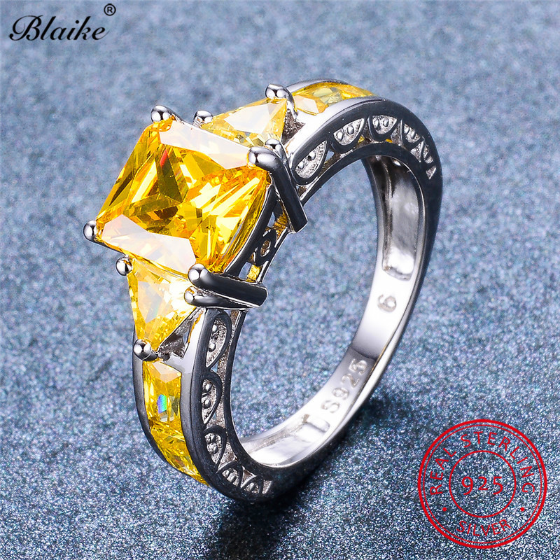 Blaike Genuine 925 Sterling Silver Yellow Topaz Rings For Women Men Charming Citrine Jewelry Square Zircon Birthstone Ring Gifts LY191226
