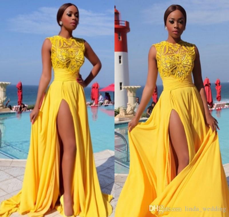 2019 Yellow Chiffon Prom Dress Arabic Cheap Simple High Split Sexy Formal Summer Holidays Wear Evening Party Gown Custom Made Plus Size