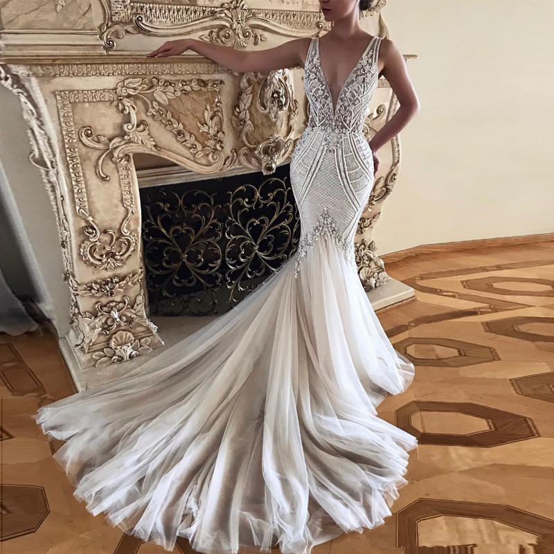 Mermaid Lace Graceful Wedding Dresses Beaded Deep V Neck Appliqued Bridal Gowns Tulle Court Train Trumpet Robe De Marie