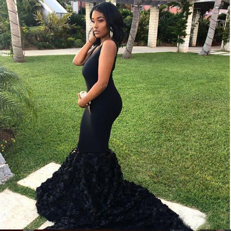 Black Prom Dresses Mermaid V-Neck Handmade Flowers Formal Evening Gowns Black Girls Sweet 16 Dress Cocktail Party Gown