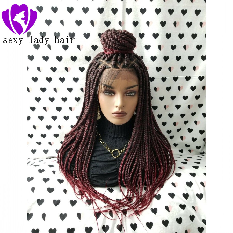 Free part ombre red color Braided Box Braids Lace Frontal Wig Heat Resistant Hair Long Natural full Braided Wigs For Black Women 83
