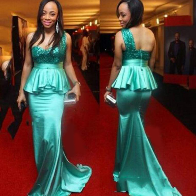 Modest One Shoulder Sequins Mermaid Prom Dresses Satin 2020 Peplum African Formal Party Plus Size Evening Gowns Guest Wear Robe De Soiree