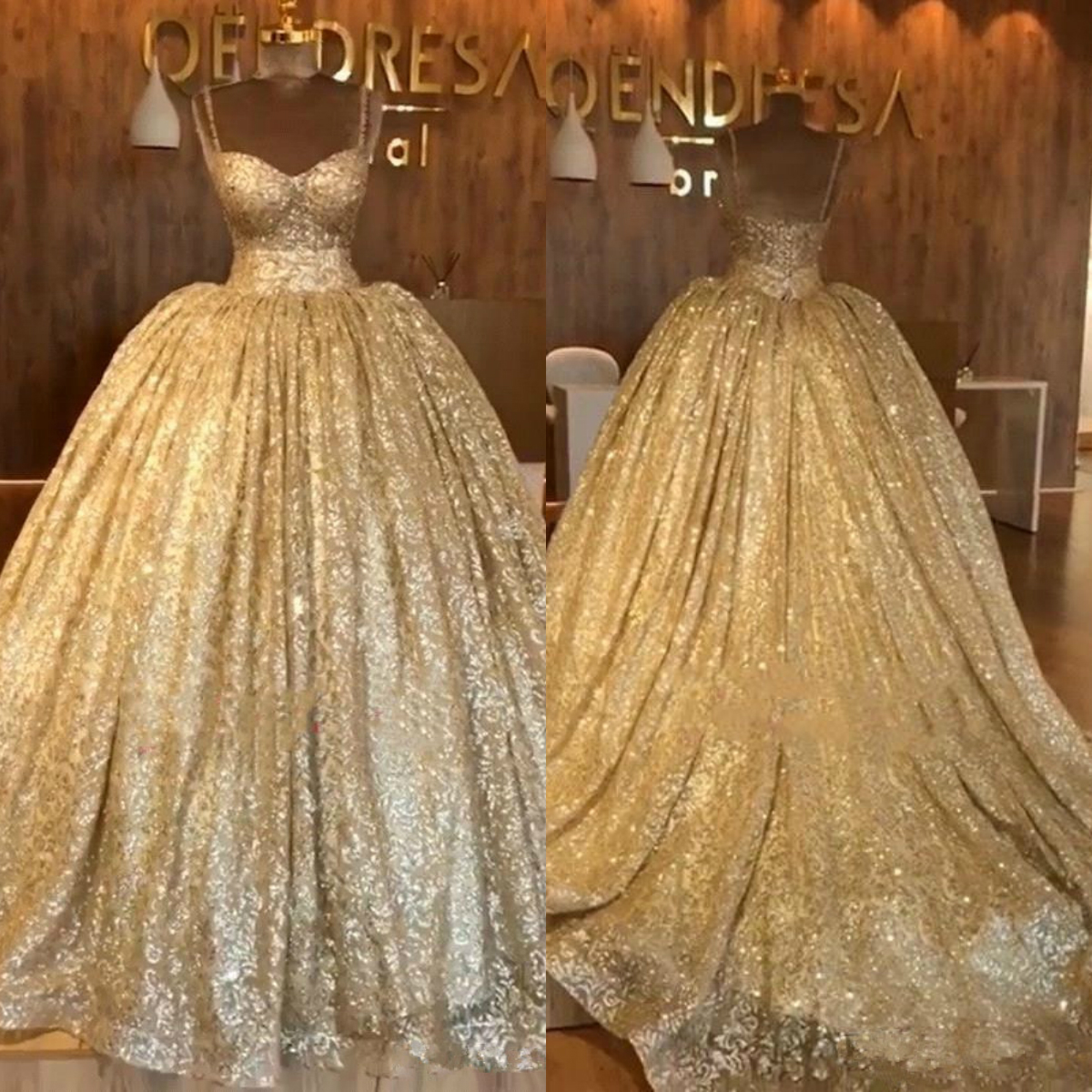 blingbling gold sequined prom dresses dubai arabic ball gown evening gowns with sweep train spaghetti strap formal party second gowns