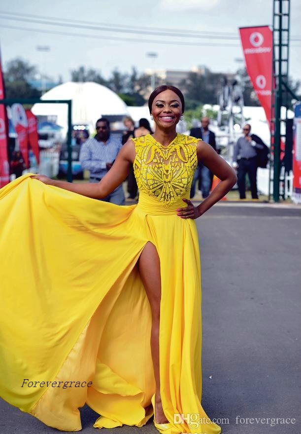 2019 Yellow Chiffon Prom Dress Arabic Cheap Simple High Split Sexy Formal Summer Holidays Wear Evening Party Gown Custom Made Plus Size