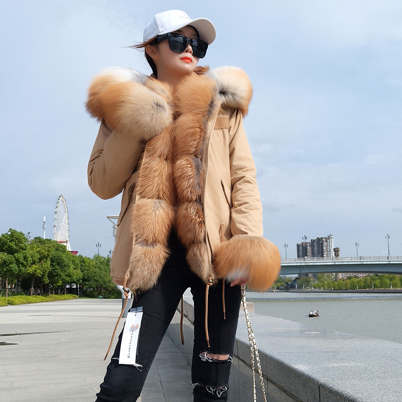 New Parka winter long khaki parka jacket women real fur coat natural red fox hooded good faux liner outwear MX191025