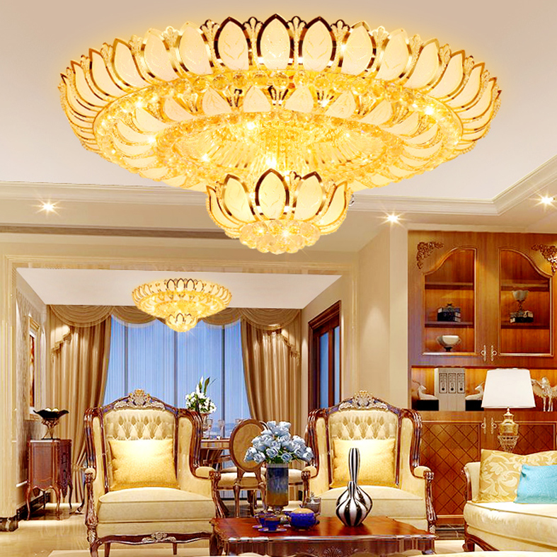 LED Light Modern Crystal Ceiling Lights Fixture Chandeliers American Surface Mounted Lamps European Round Golden Lotus Flower Home Indoor Lighting