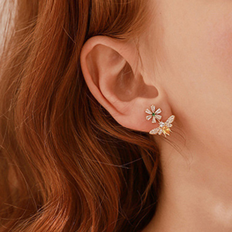 Shining Bling Flower Bee S925 Silver Needle Dangle Drop Earrings White Zircon Gold Plated Earring Jewelry Wholesale