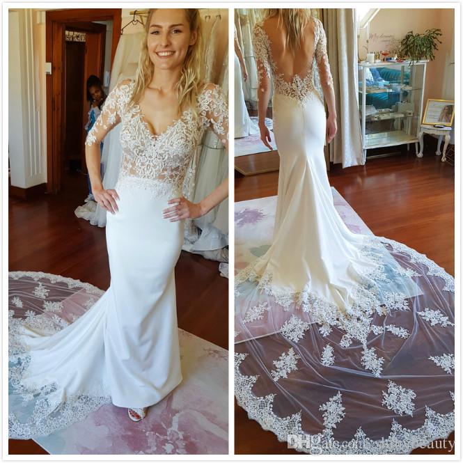 Sexy Lace Mermaid Dresses Jewel Neck Applique Long Illusion Sleeves Court Train Wedding Dress Bridal Gowns vestidos de novia Custom