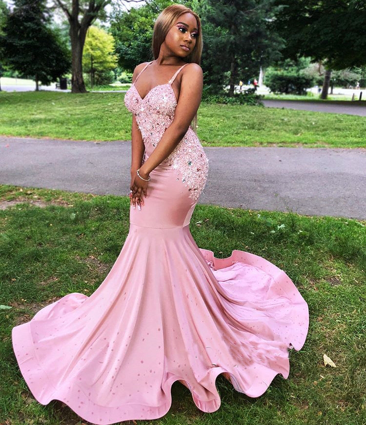 Sexy Sequins Spaghetti-Straps Pink Appliques Prom Dresses Mermaid Party Gowns robes de soiree