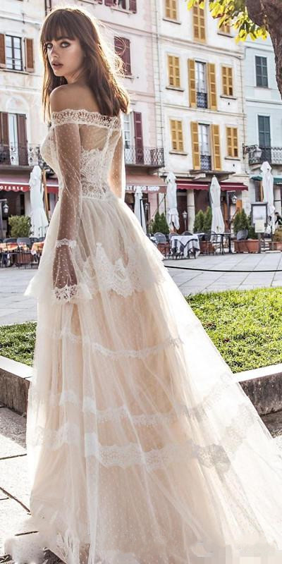 summer beach bohemian wedding dresses long sleeves off shoulder france lace princess church country bridal gowns vestido de noiva