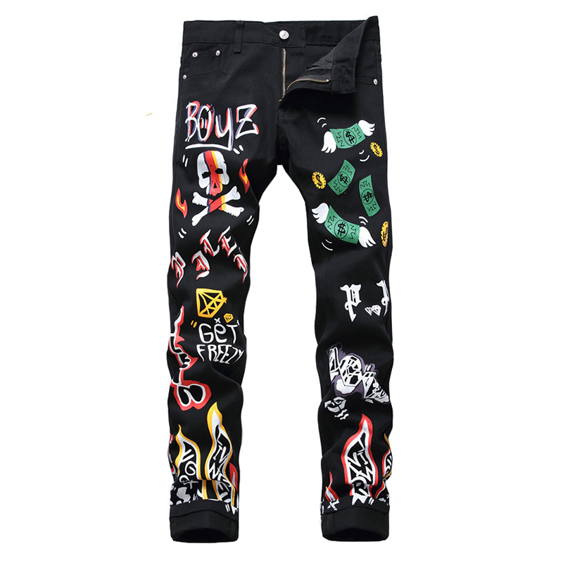 Men's colored skull letters flame printed jeans Fashion black slim straight denim pants
Men's colored skull letters flame printed jeans Fashion black slim straight denim pants