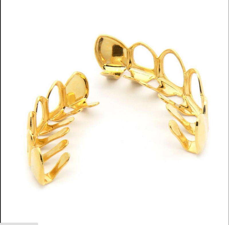 Hip Hop Teeth Grillz Hollow Top &Bottom Fangs Bottom Grillz Set Vampire Grills Sets Gold Bling Hollow Bloodsucker Tooth