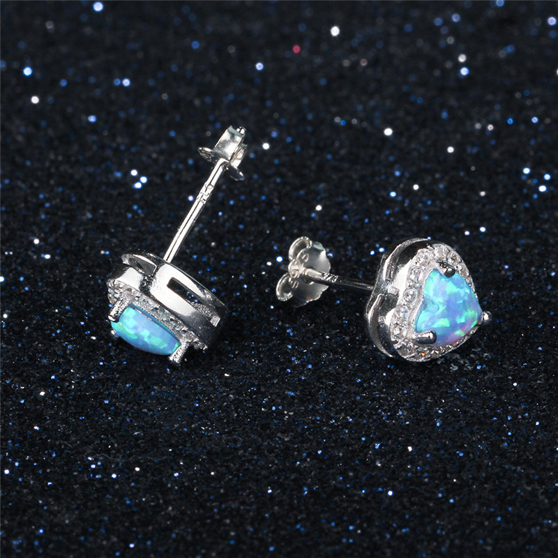 925 Sterling Silver Blue Creat Opal Heart Shape Stud Earrings Cubic Zirconia Earring Wedding Jewelry Mother Gift