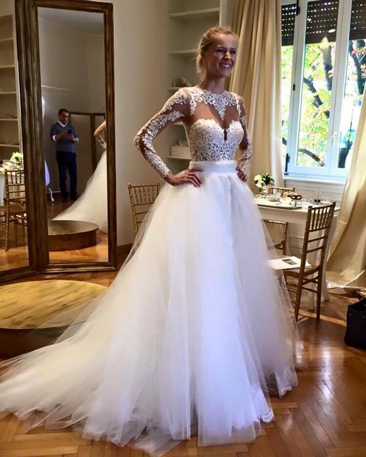Sexy Mermaid Wedding Dresses With Detachable Train Lace High Collar Long Sleeve Bridal Gowns Removable Skirt Plus Size Wedding Dress