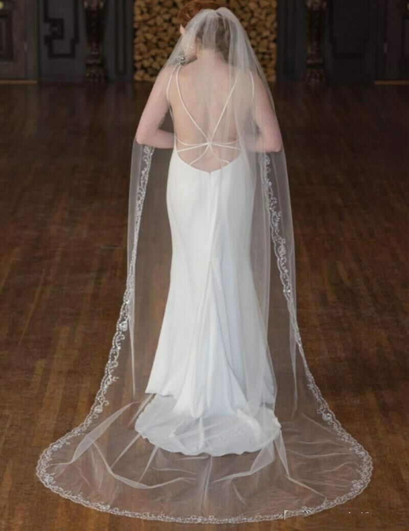 Long Wedding Bridal Veils White Ivory Cathedral 3M Length Luxury Sequins Edge Veil For Women Sparkly One Layer