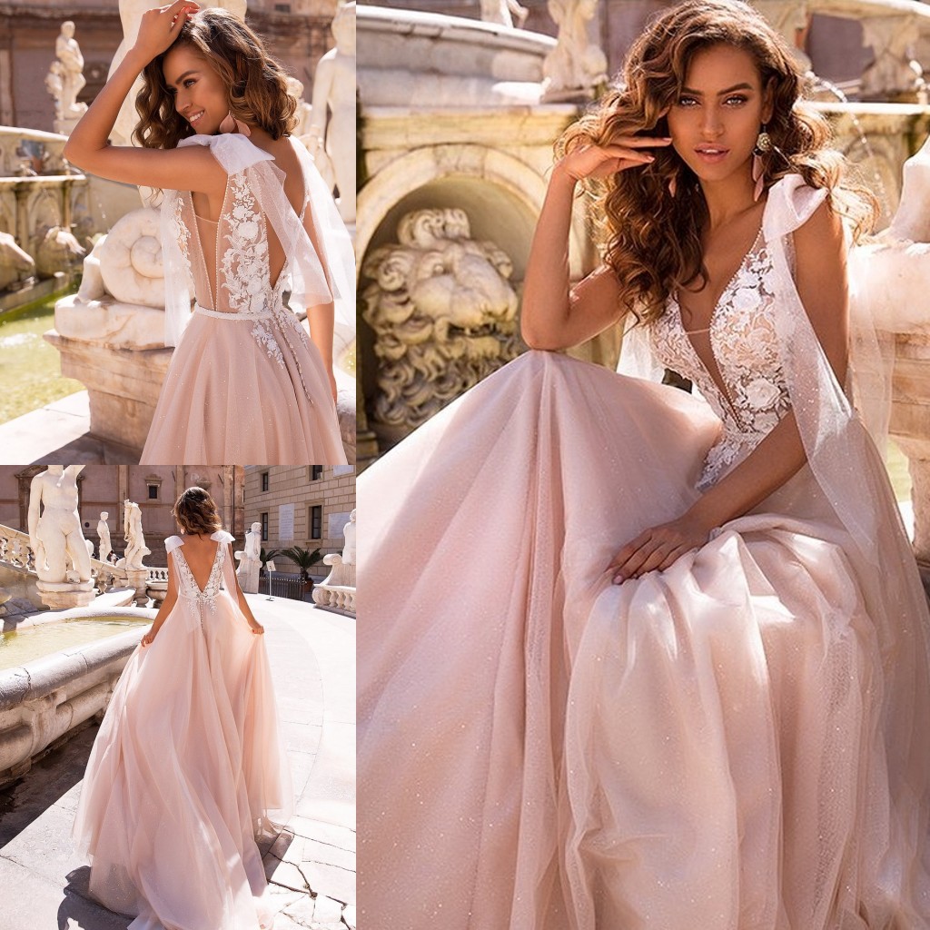 Lace Backless Stylish Wedding Dresses Deep V Neck Beaded Bridal Gowns Sequined A Line Sweep Train Tulle Robe De Marie