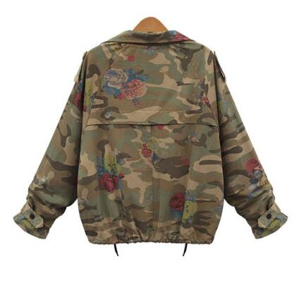 Wholesale-Women Jackets Autumn Winter Army Green Camouflage Jackets Floral Printed Zipper Jeans Coats For Woman Denim Cardigans
