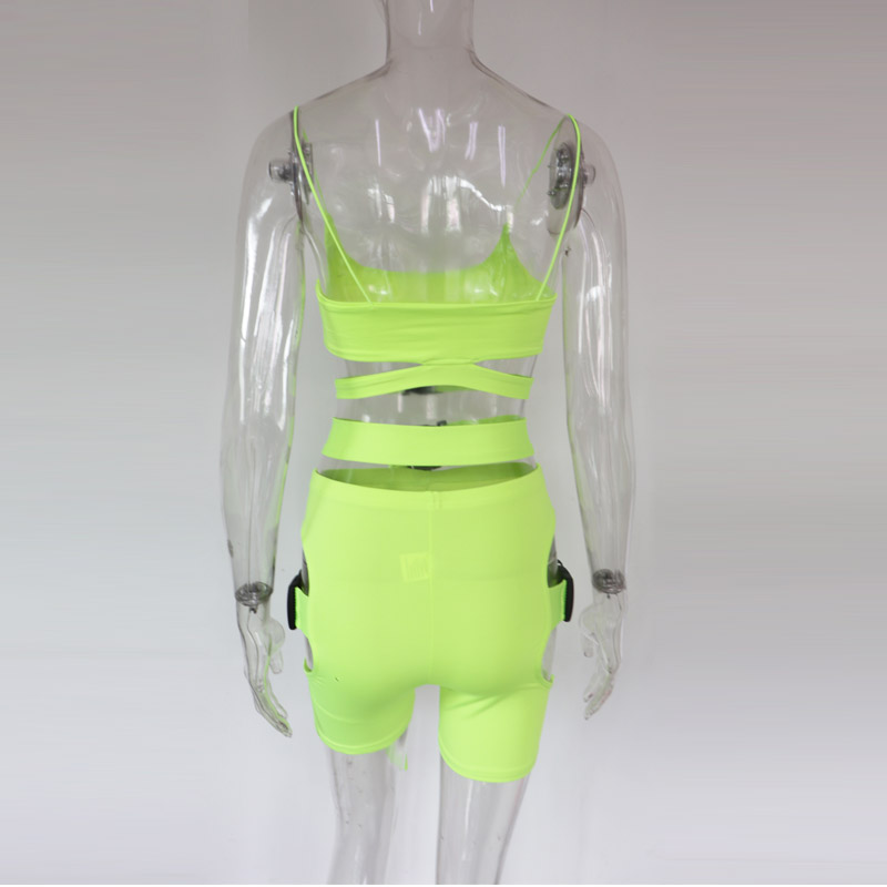 Beyprern Hot Girl Sexy Cut Out Neon Green Buckle Shorts Set Women Tight Buckle Matching Set 2 Piece Night Out Outfits Wholesale