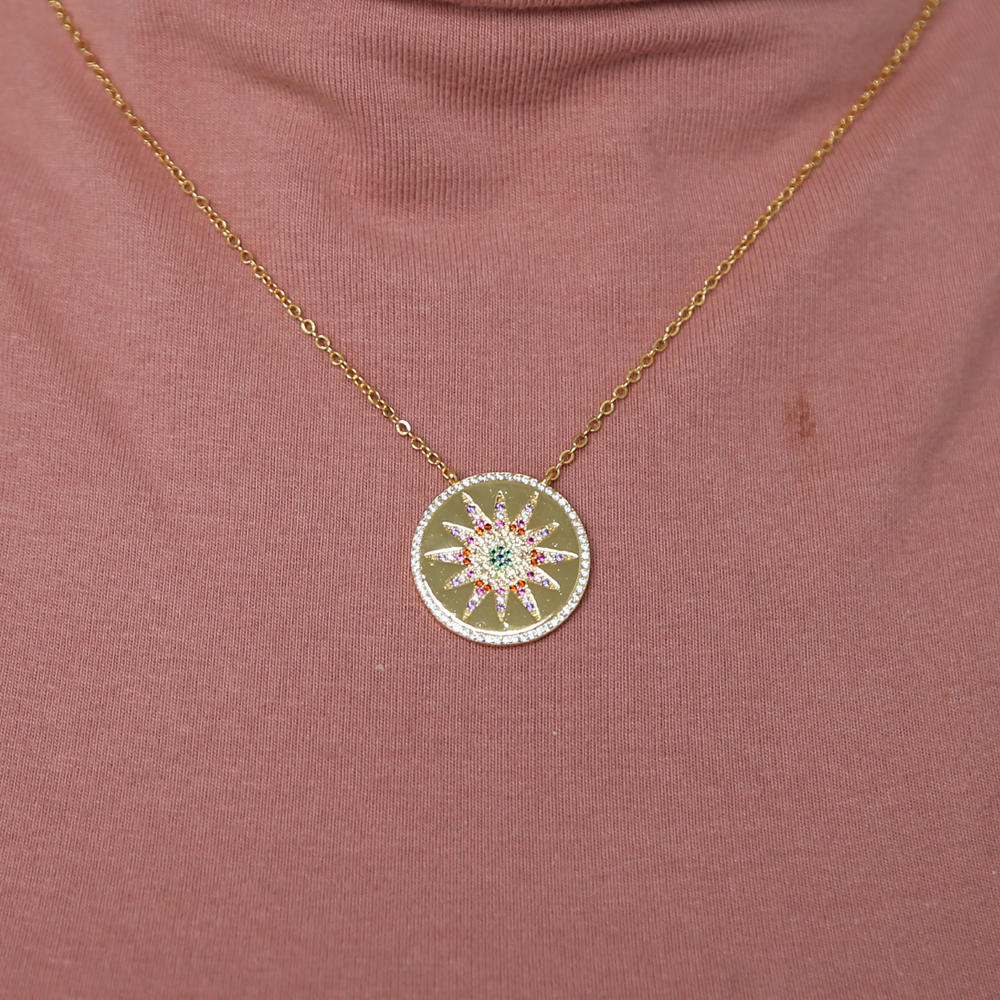 Wholesale- engraved round coin necklace for women 2018 fashion trend jewelry north star rainbow cz paved disco charm chain party jewelry