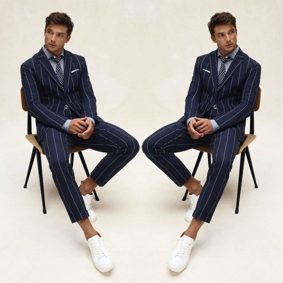 Men Tuxedos Groom Wedding Suits Handsome Navy Striped Slim Fit One Button Mens Suit 2 Pieces Coat Pants (jacket+Pants)