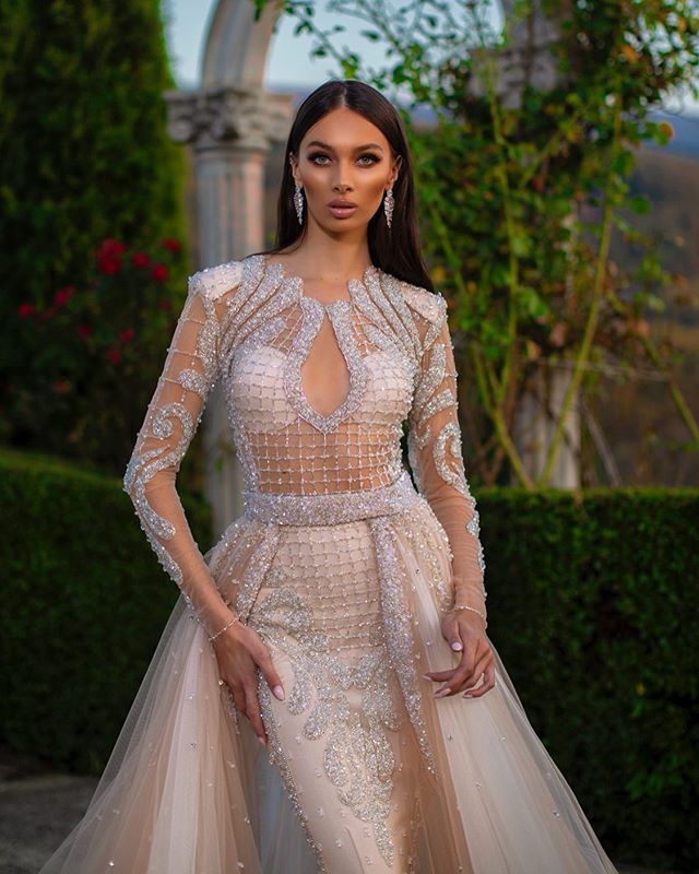 2020 Gorgeous Evening Dress With Detachable Train Jewel Neck Beaded Sequins Long Sleeves Prom Dress Ruffle Lumbar Formal Party Gown