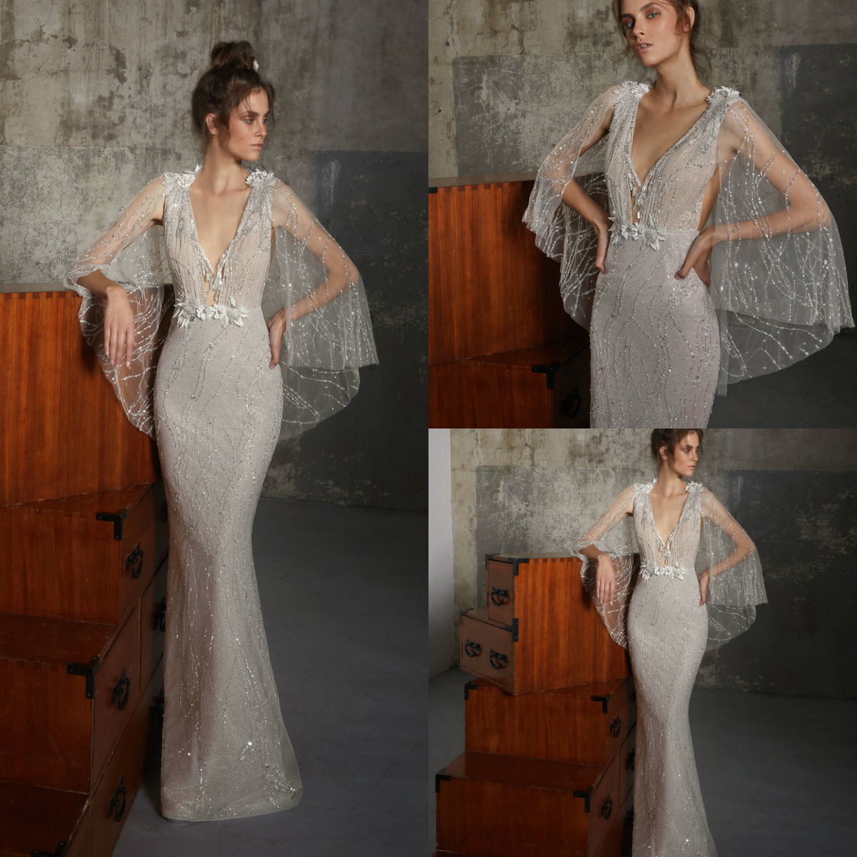Lior Charchy Mermaid Wedding Dresses With Wrap Deep V Neck Sequined Lace 3D Floral Appliqued Beach Wedding Dress Boho Robe De Mariée