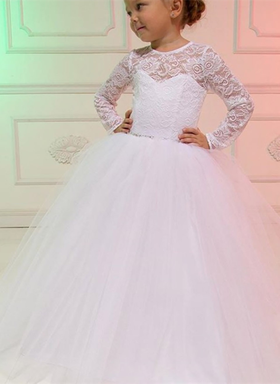 Wedding Party Events Kids Formal Wear White Tulle Gown Flower Girls Dresses Long Sleeve Child Communion Dresses Robe