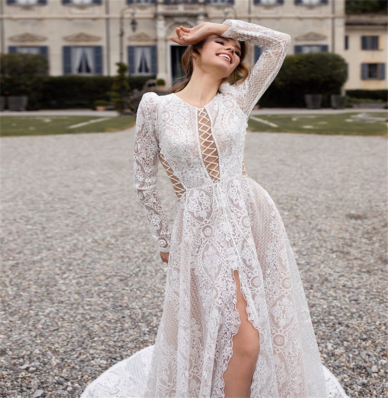 Vintage Boho A Line Wedding Dresses Sexy High-split Hollow Full Appliqued Lace Wedding Gown Long Sleeves Beach Custom Made Vestidos De Novia
