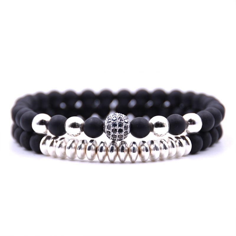 Two 6MM matte black agate micro-inlaid zircon bracelet for men and women couples from Reiki Healing Bracelet Gifts