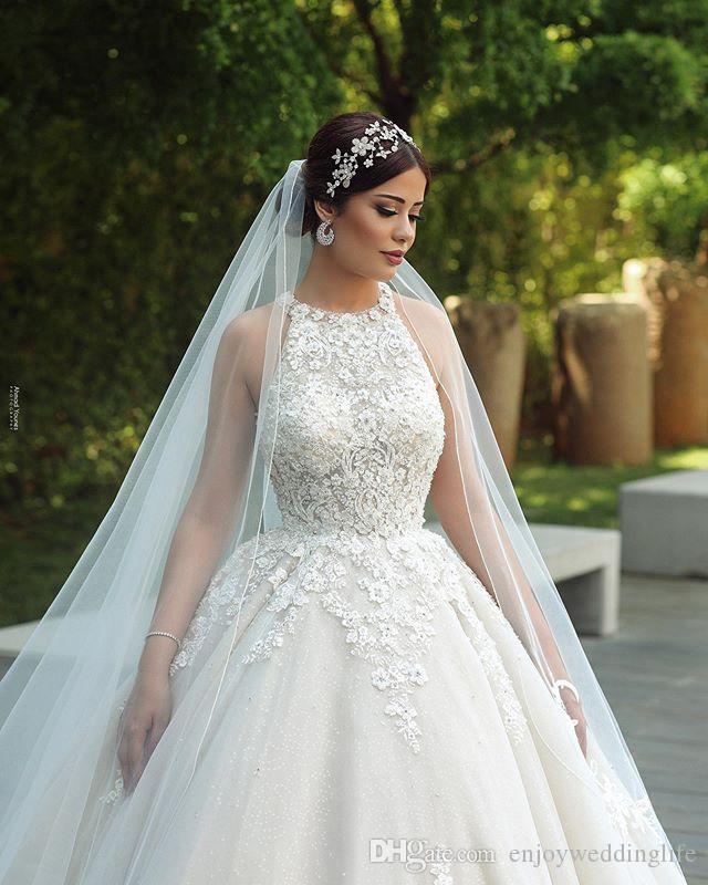 Lace Dubai Arabic Ball Gown Dresses Tulle Jewel Neck Backless Wedding Dress Bridal Gowns Plus Size Robe De Mariee s