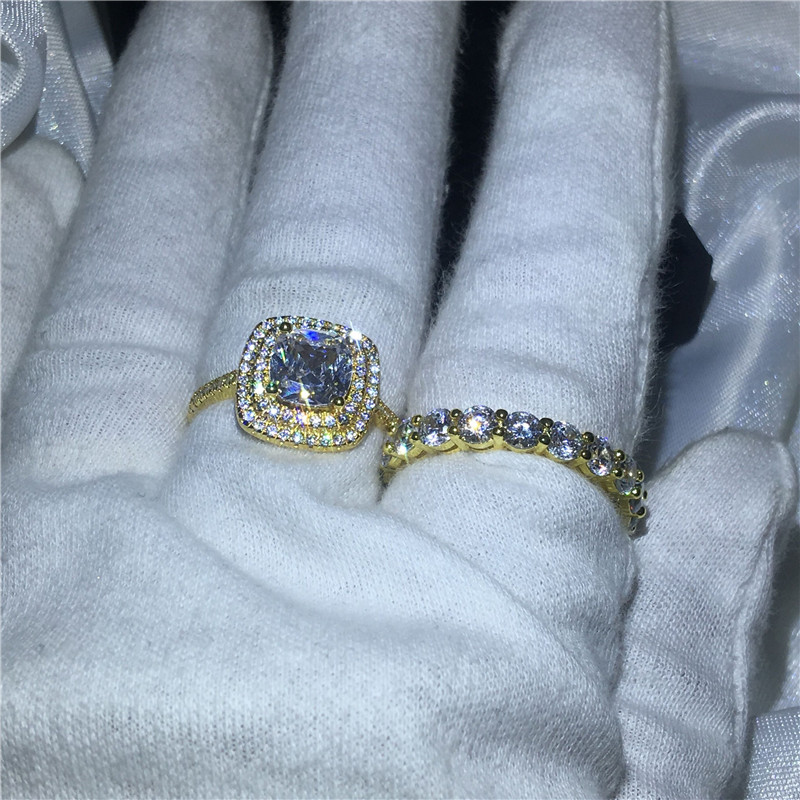 Sparkling Luxury Jewelry 925 Sterling Silver&Gold Fill Cushion Shape White Topaz CZ Diamond Gemstones Couple Rings Women Bridal Ring Set